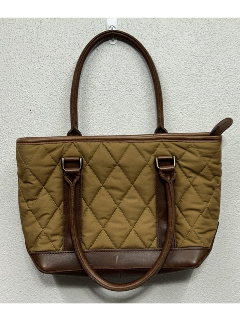 LL Bean Quilted Leather Tote Hand Bag Brown Purse Tan Zippered Pocket Y2K 283373 - Picture 2 of 13